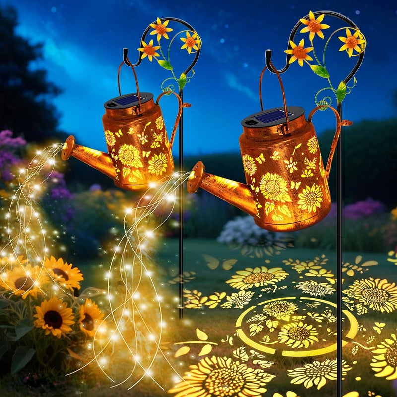 VOOKRY 2 Pack Sunflower Metal Solar Watering Can Lights, Solar Lights Outdoor Waterproof, Birthday Gifts for Women Mom Grandma, Hanging Lanterns Decorative Garden Decor for Outside Yard Patio Lawn - Image 1